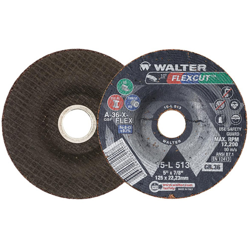 FLEXCUT Grinding Wheel, 5", 36 Grit, Aluminum Oxide, 7/8", 12200 RPM, Type 29 TGS INDUSTRIEL