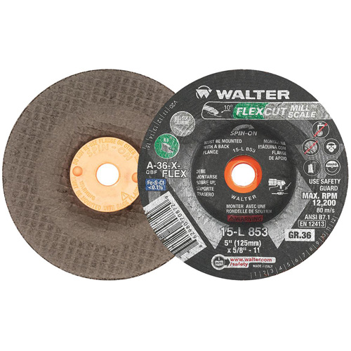 FLEXCUT MILL SCALE Grinding Wheel, 5", 36 Grit, Aluminum Oxide, 5/8"-11, 12200 RPM, Type 29 TGS INDUSTRIEL