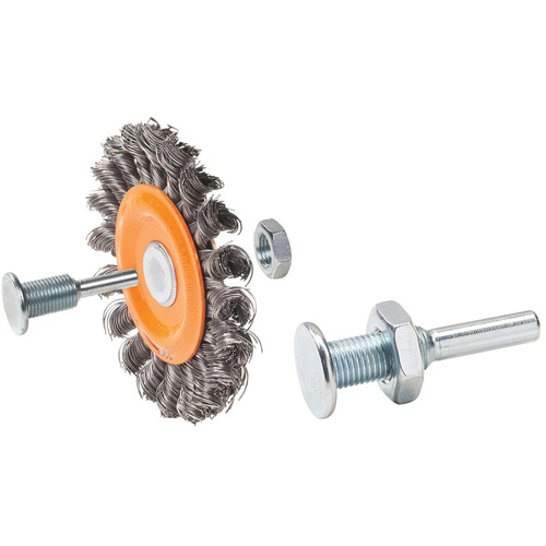 Brosse rotative mont&eacute;e &agrave; fils nou&eacute;s torsad&eacute;s r&eacute;versible, Dia. 4", Fils 0,0118", Arbre 5/8", Acier TGS INDUSTRIEL