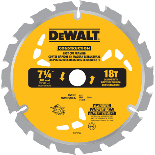 Lame de scie &agrave; pointes au carbure pour coupe rapide, 7-1/4", 18 dents, Pour Bois TGS INDUSTRIEL