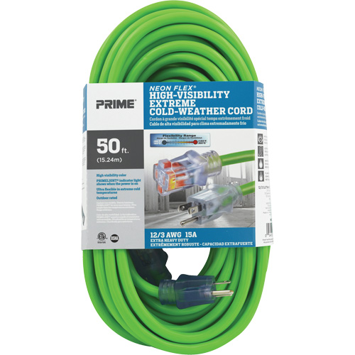 Cordon rallonge haute visibilit&eacute; Neon Flex, Ext&eacute;rieur, SJTW, AWG 12/3, 15 A, 50' TGS INDUSTRIEL