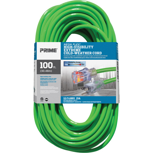 Cordon rallonge haute visibilit&eacute; Neon Flex, Ext&eacute;rieur, SJTW, AWG 12/3, 15 A, 100' TGS INDUSTRIEL