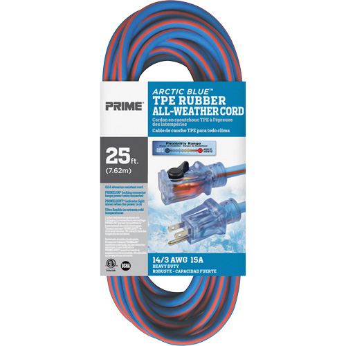 Cordon rallonge Arctic Blue, Toutes saisons, SJEOW, AWG 14/3, 15 A, 25' TGS INDUSTRIEL