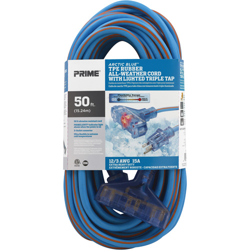 Cordons rallonges en caoutchouc TPE Arctic Blue, Toutes saisons, SJEOW, AWG 12/3, 15 A, 3 prise(s), 50' TGS INDUSTRIEL