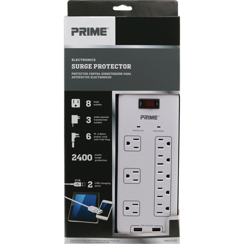 Limiteurs de surtension avec chargeur USB, 8 Prises, 2400 J, 1875 W, Cordon 6' TGS INDUSTRIEL