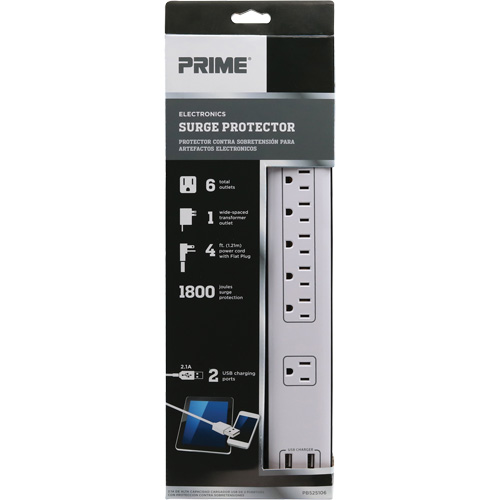 Limiteurs de surtension avec chargeur USB, 6 Prises, 1800 J, 1875 W, Cordon 4' TGS INDUSTRIEL
