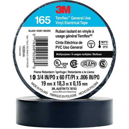 Ruban isolant en vinyle &agrave; usage g&eacute;n&eacute;ral Temflex 165, 19 mm (3/4") x 18 m (60'), Noir, 6 mils TGS INDUSTRIEL