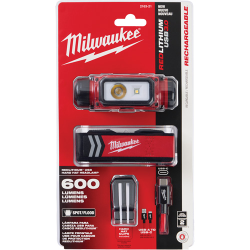REDLITHIUM USB Hardhat Headlamp, LED, 600 Lumens, 5 Hrs. Run Time, Rechargeable Batteries TGS INDUSTRIEL