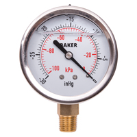 Pressure Gauges, 2-1/2" , 30" Hg-0" Vac., Bottom Mount, Liquid Filled Analogue TGS INDUSTRIEL