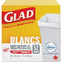 Tr&egrave;s petits sacs &agrave; ordures 15 L avec Febreze, R&eacute;gulier, 17" la x 20" lo, Blanc TGS INDUSTRIEL