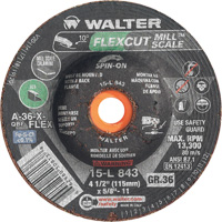 FLEXCUT MILL SCALE Grinding Wheel, 4-1/2", 36 Grit, Aluminum Oxide, 5/8"-11, 13300 RPM, Type 29 TGS INDUSTRIEL