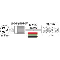 Rallonge pour g&eacute;n&eacute;ratrice avec triple fiche, STW, AWG 10, 3 prise(s), 25' TGS INDUSTRIEL